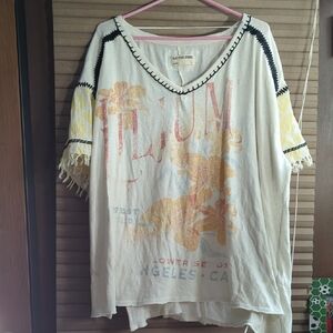 We The Free/Free People Cream/Yellow Short Sleeve tee Flower w Fringed Sleeves